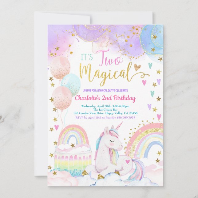 Convites Unicorn Two Magical 2nd Birthday Party Pastel (Frente)