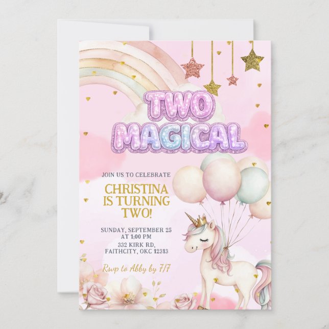 Convites Unicorn Two Magical Pastel Birthday Invitation (Frente)