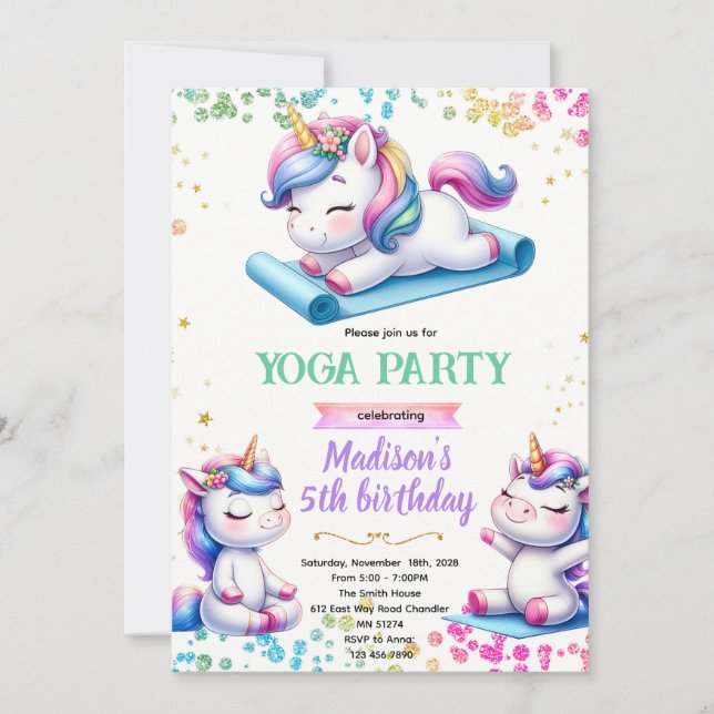 Convites Unicorn yoga birthday party invitation (Frente)
