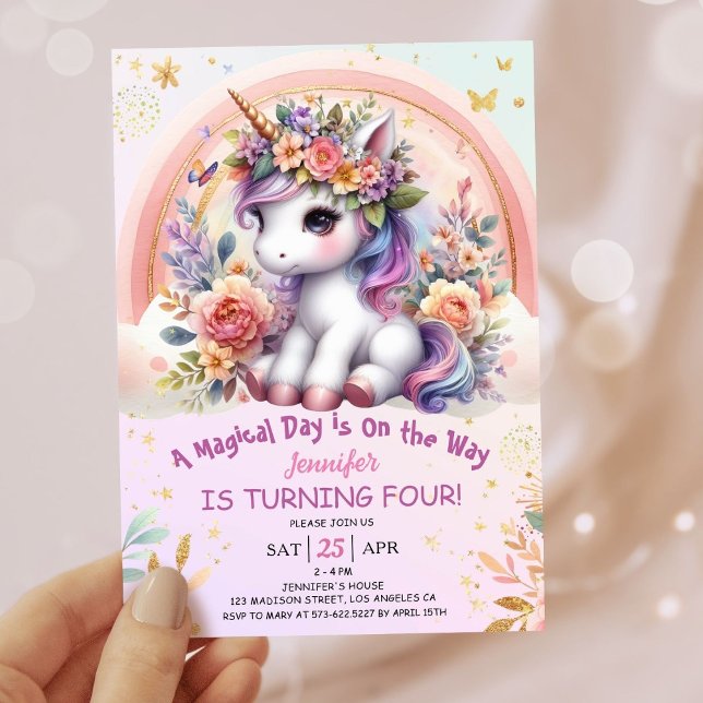 Convites Unicórnio 4ª Rapariga de Aniversário Rosa Arco-Íri (#UnicornBirthdayInvitation #UnicornBirthdayInvitationTemplate #UnicornBirthdayInvitationEditable 
)