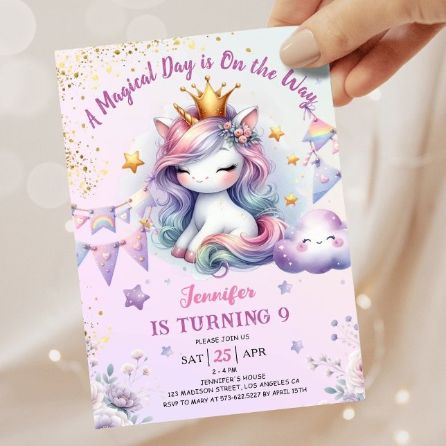 Convites Unicórnio 9º Aniversário Convidar Menina Rosa e Do (#UnicornBirthdayInvitation #UnicornBirthdayInvitationTemplate #UnicornBirthdayInvitationEditable )