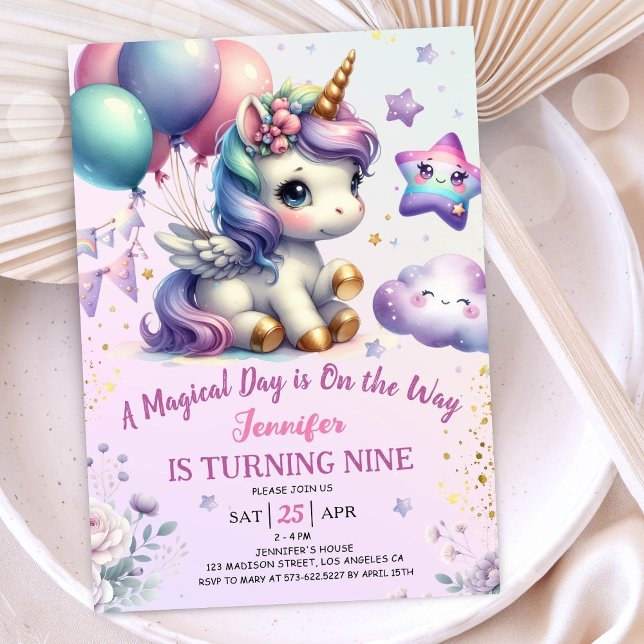 Convites Unicórnio 9.º Aniversário Convidar Rapariga Roxo e (#UnicornBirthdayInvitation #UnicornBirthdayInvitationTemplate #UnicornBirthdayInvitationEditable 
)