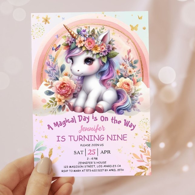 Convites Unicórnio 9. Aniversário Rapariga Rosa Arco-Íris F (#UnicornBirthdayInvitation #UnicornBirthdayInvitationTemplate #UnicornBirthdayInvitationEditable 
)