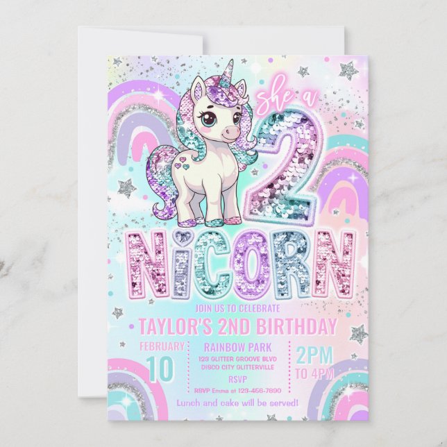 Convites Unicórnio Aniversário de 2 anos Arco-íris Glitter (Frente)