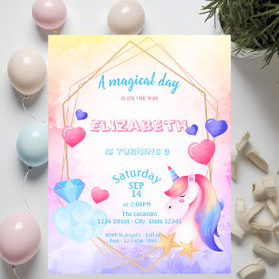 Convites Unicórnio Arco-íris, Aquarela de Aniversário