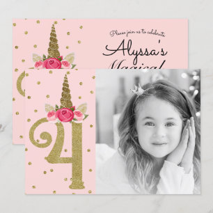 Convites Unicórnio Brilho Dourado Rosa 4 4º Festa de Aniver