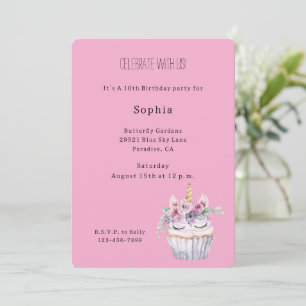 Convites Unicórnio de Aniversário com Cupcake Floral Rosa