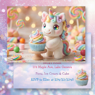 Convites Unicórnio de Doce Pastel com Cupcake de Arco-íris