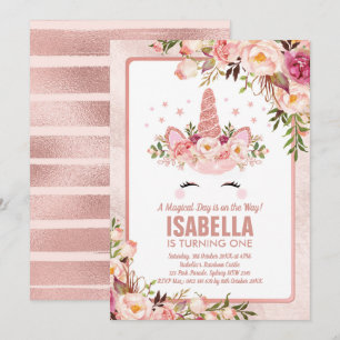 Convites Unicórnio Dourado Rosa Sparkly / Aniversário Magic