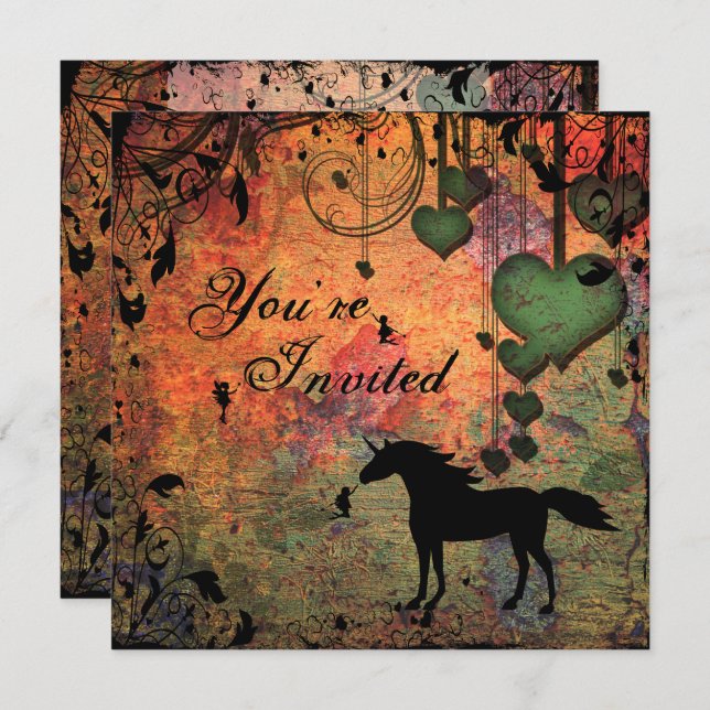 Convites Unicórnio, Fadas e Floresta do Coração Convidam (Frente/Verso)