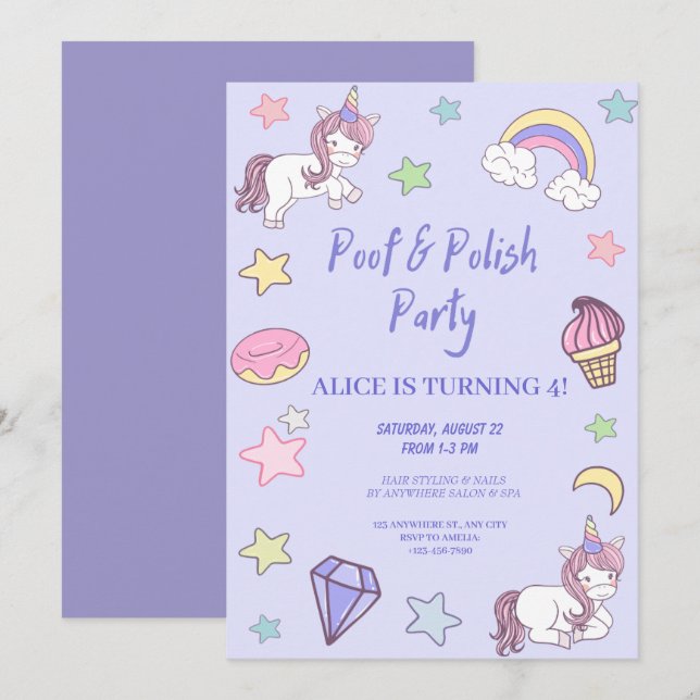 Convites unicórnio feminino e aniversário arco-íris (Frente/Verso)