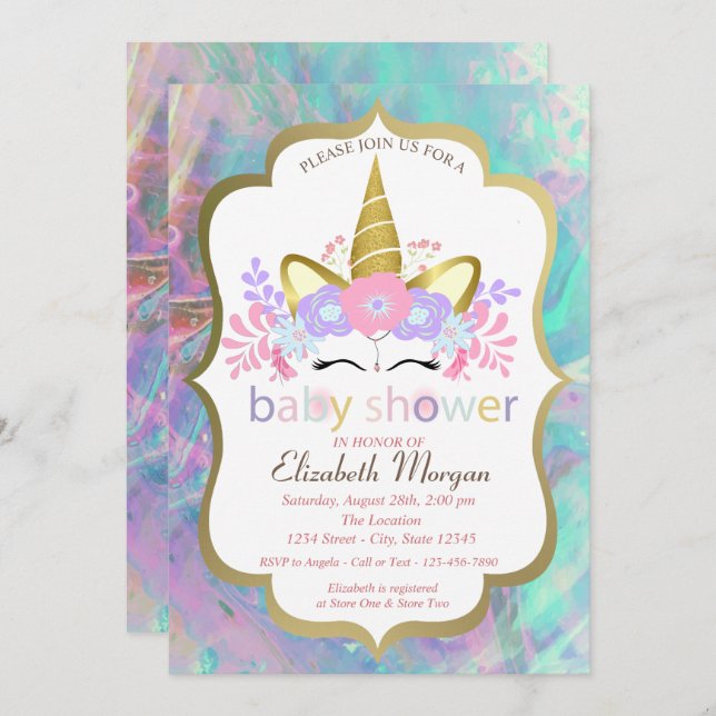Convites Unicórnio,Floral,Chá de fraldas Opal (Frente/Verso)