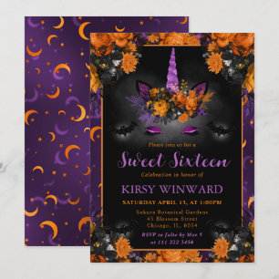 Convites Unicórnio Floral de Halloween para Sweet Sixteen