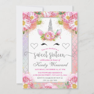 Convites Unicórnio Floral Rosa e Prata Doce 16
