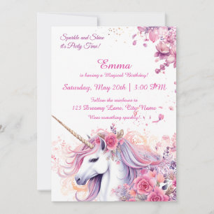 Convites Unicórnio Floral Rosa Mágico Aniversário Aquarela