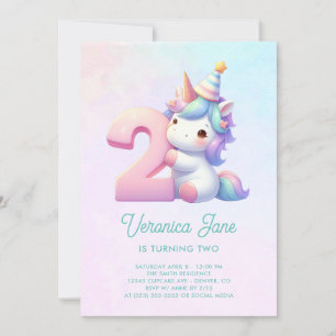 Convites Unicórnio Fofo Azul Turquesa e Rosa Aniversário de