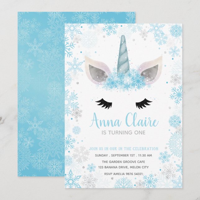 Convites Unicórnio Mágico Congelado| Aniversário de Menina (Frente/Verso)