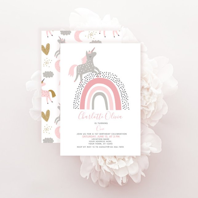 Convites Unicórnio Moderno Arco-íris Rosa Suave Aniversário (Criador carregado)