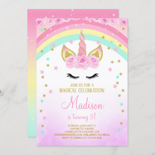 Convites Unicórnio Rosa Convidar Com Estrelas De Ouro