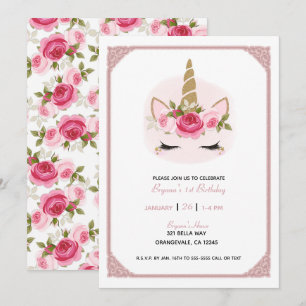 Convites Unicórnio Rosa e Dourado Rosas Florais Aniversário