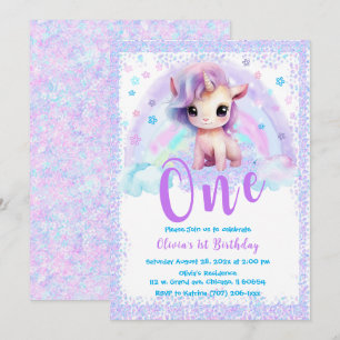 Convites Unicórnio Rosa e Roxo 1º aniversário 