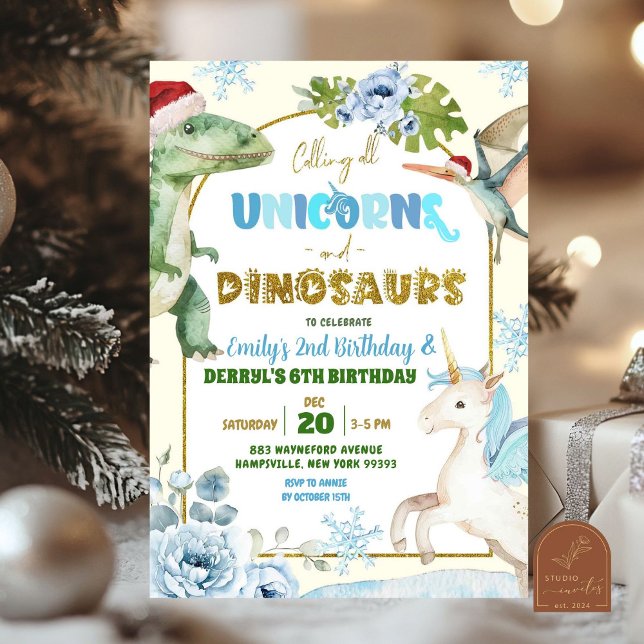 Convites Unicórnios de Natal e Aniversário Conjunto de Dino (Criador carregado)