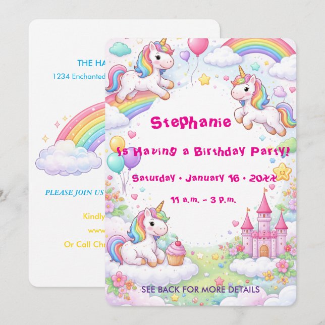 Convites Unicorns & Rainbows Pastel Childs Birthday (Frente/Verso)