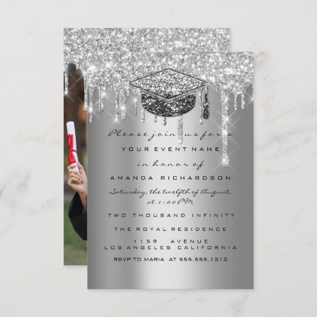Convites Unidade de Cinza Glitter Silver do formando Foto D (Frente/Verso)