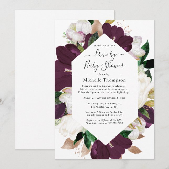 Convites Unidade Floral de Plum Escuro e Primavera Branco p (Frente/Verso)