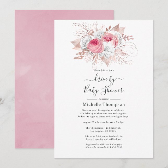 Convites Unidade Floral Dourada rosa e Rosa por Chá (Frente/Verso)