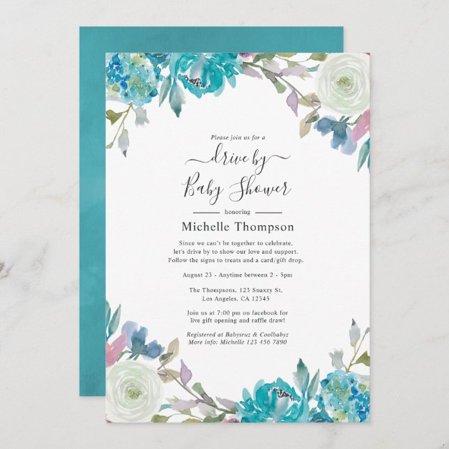 Convites Unidade Floral Dusty Blue e Turquoise por Chá (Frente/Verso)