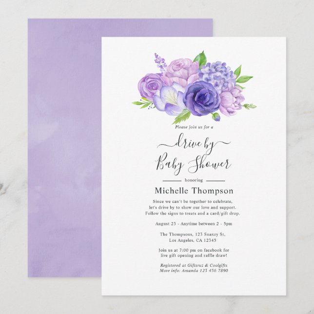 Convites Unidade Floral Violet Watercolor Por Chá (Frente/Verso)