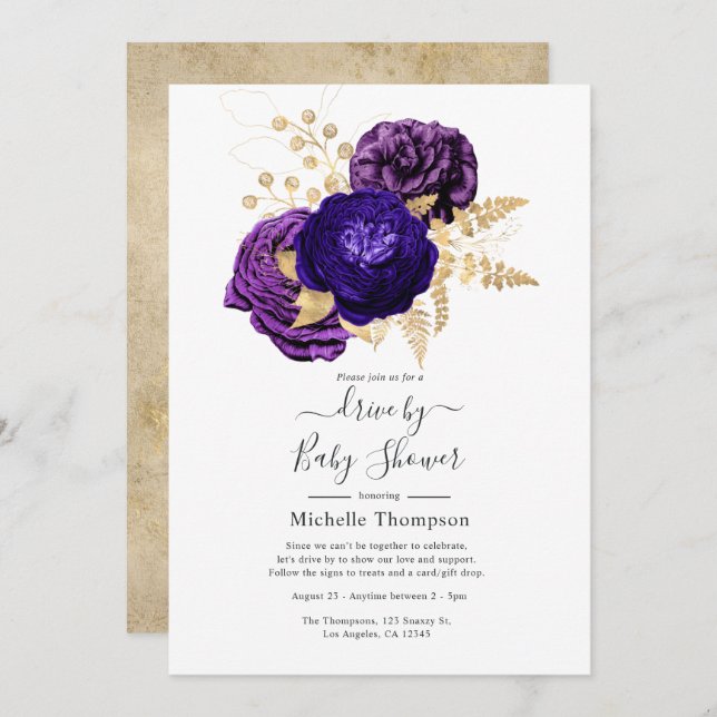 Convites Unidade Floral Violeta, Roxa e Dourada por Chá (Frente/Verso)