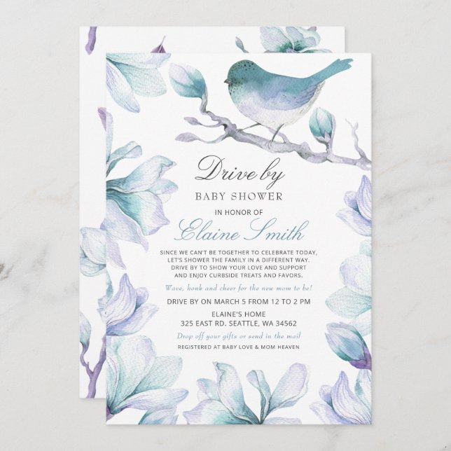 Convites Unidade por Chá de fraldas Floral Blue Bird (Frente/Verso)