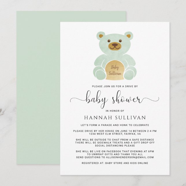 Convites Unidade por Chá de fraldas Urso Verde Dourado Míni (Frente/Verso)