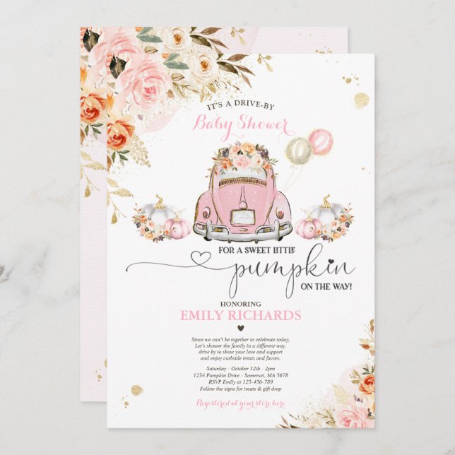 Convites Unidade Por Pumpkin Floral Dourado Rosa Chá de fra (Frente/Verso)