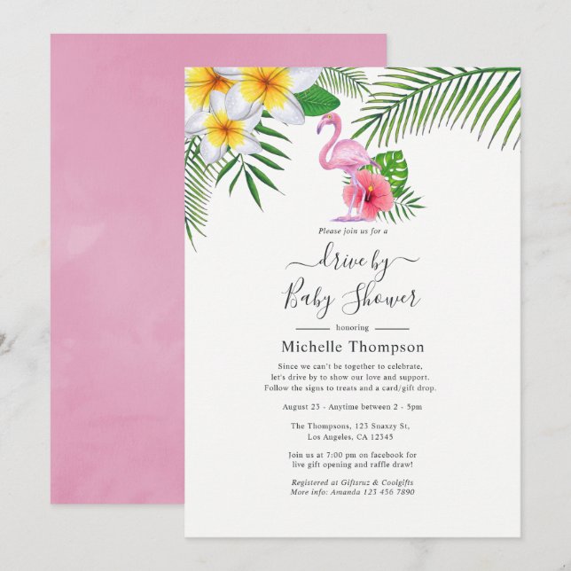 Convites Unidade Tropical Flamingo Rosa Por Chá (Frente/Verso)