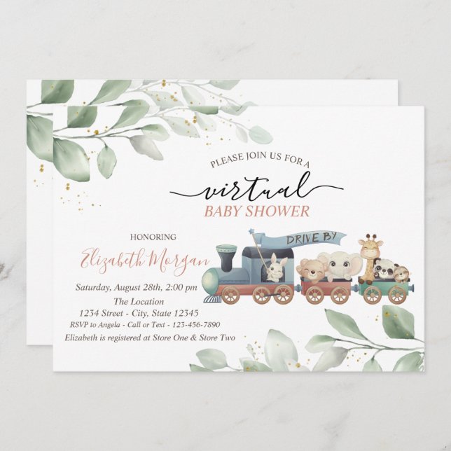 Convites Unidade Virtual De Animais De Comboio Por Chá de f (Frente/Verso)