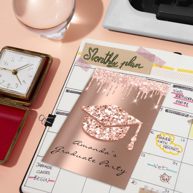 Convites Unidades de formando Rosa Boné Dourado  3D Glamy (Graduate Party Drips Rose Gold Cap 3D Glamy Invitation)