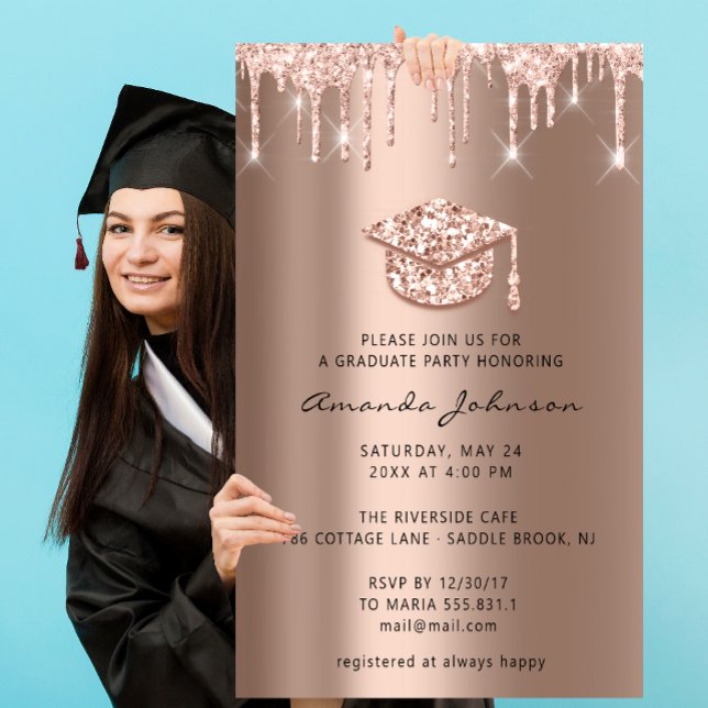 Convites Unidades de formando Rosa Boné Dourado Blush 3D (Graduate Party Drips Rose Gold Cap 3D Blush Invitation)