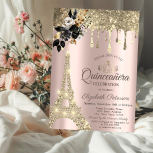 Convites Unidades Douradas da Torre Eiffel de Rosas Pretos