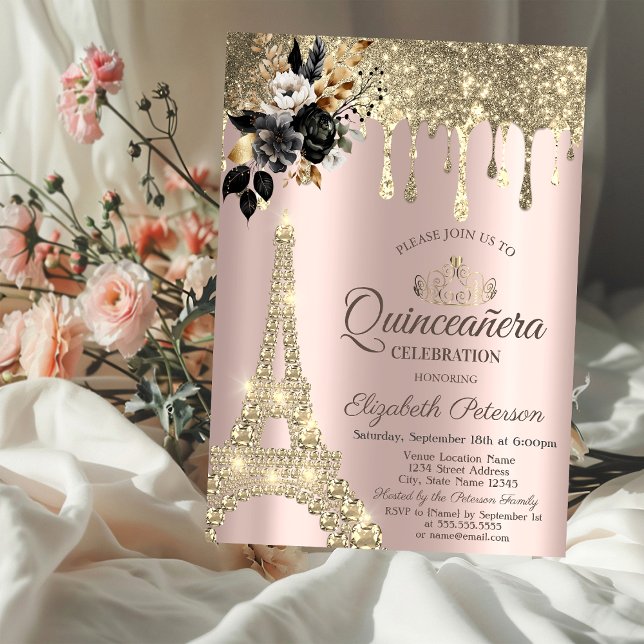 Convites Unidades Douradas da Torre Eiffel de Rosas Pretos (Criador carregado)