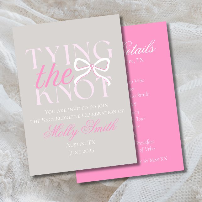 Convites Unindo o Nó Arco Rosa Itinerário de Despedida de S (Tying the Knot bow invite with modern serif font – perfect for bachelorette or bridal celebrations!)