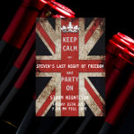 Convites Union Jack UK Flag Bachelor Party<br><div class="desc">Sindicato legal e divertido Jack "Fique calmo e festejado",  despedida de solteiro,  convida design. Todo o texto padrão pode ser totalmente personalizado com suas próprias palavras,  assim como alterar as fontes,  os tamanhos e as cores do texto.</div>