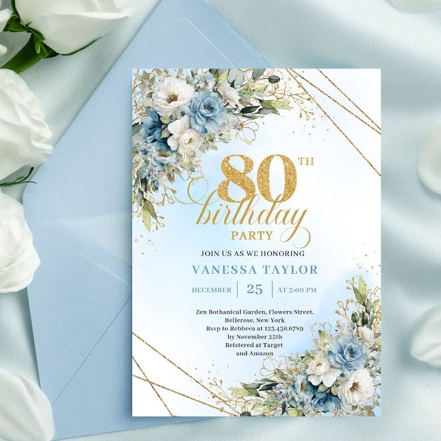 Convites Unique 80th Birthday Invitation Boho Blue White  (Unique 80th Birthday Invitation Boho Blue White Florals)