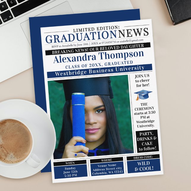 Convites Unique Blue Graduation Newspaper Breaking News (Criador carregado)