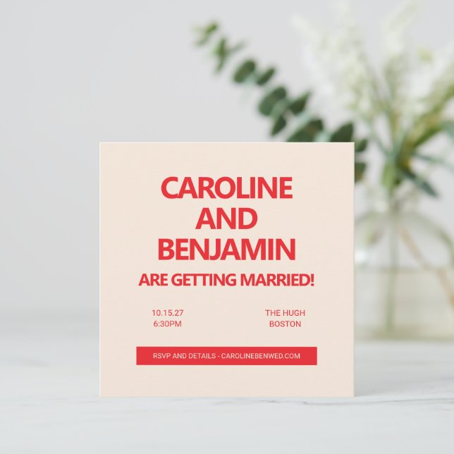 Convites Unique Bold Red Text Modern Minimalist Wedding  (Em pé/Frente)