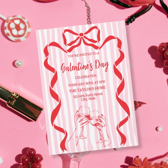 Convites Unique Cocktail Galentine's Day Party Brunch  (red bow champagne girls galentine party invitation)