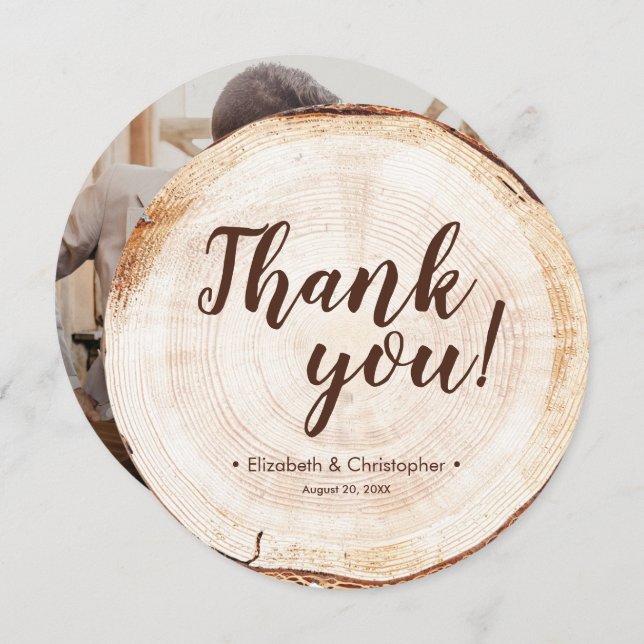 Convites Unique Custom Rustic Wood Slice Wedding Photo (Frente/Verso)