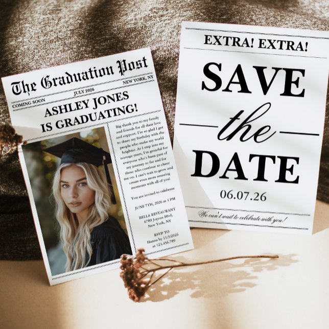 Convites Unique Fun Newspaper Photo Graduation  (Criador carregado)